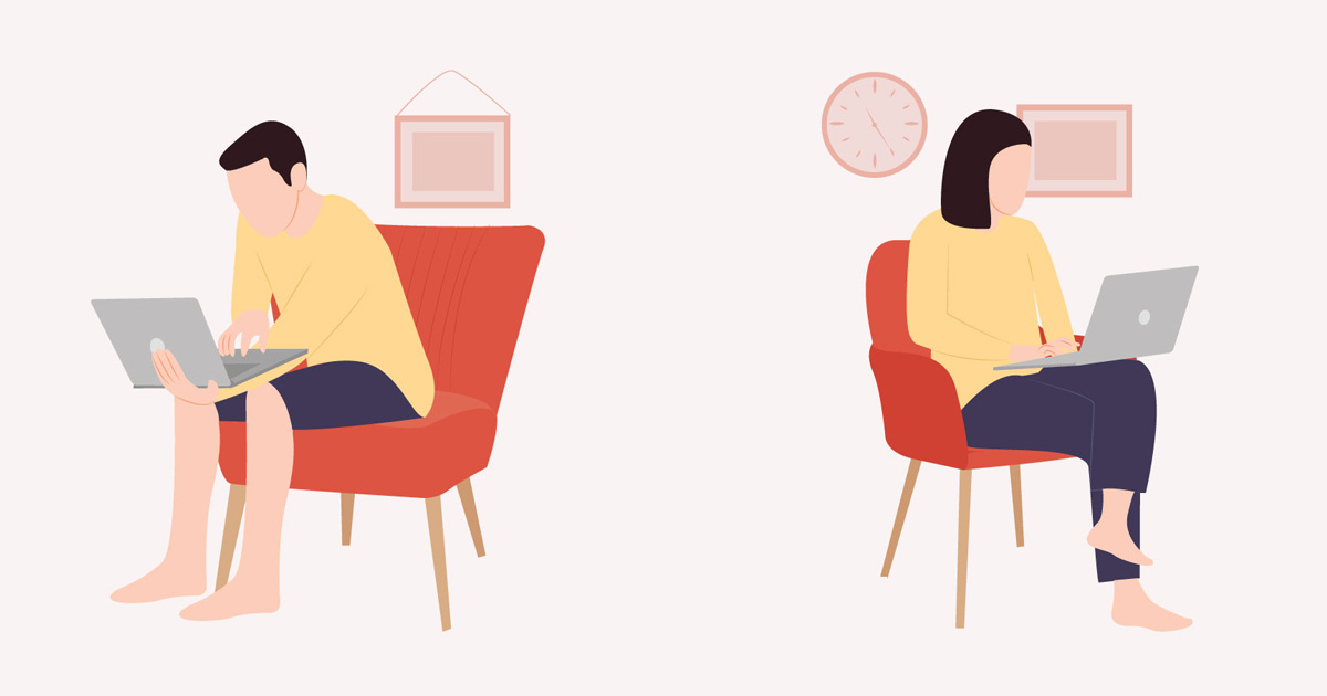 カフェでノートパソコンを開いている女性のイラスト