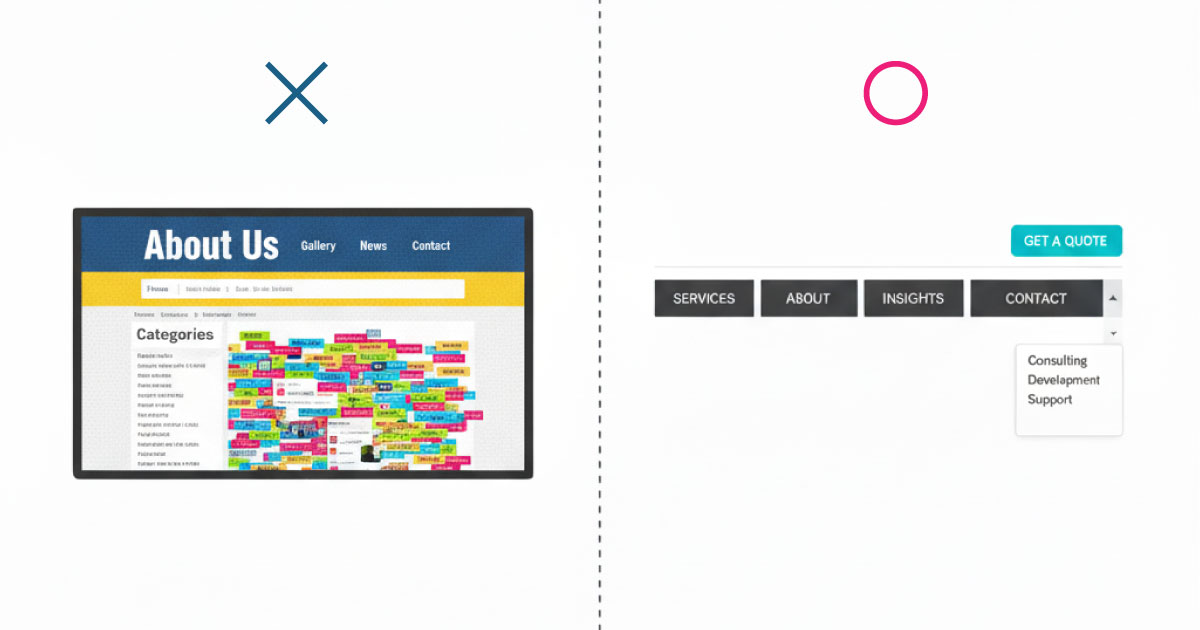 古いホームページのナビゲーションが複雑な様子と、シンプルな最新のナビゲーションの比較イラスト