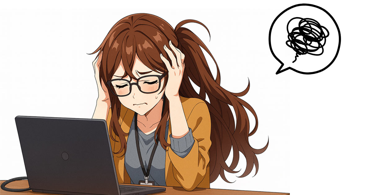 パソコンの前で悩んでいるデザイナー